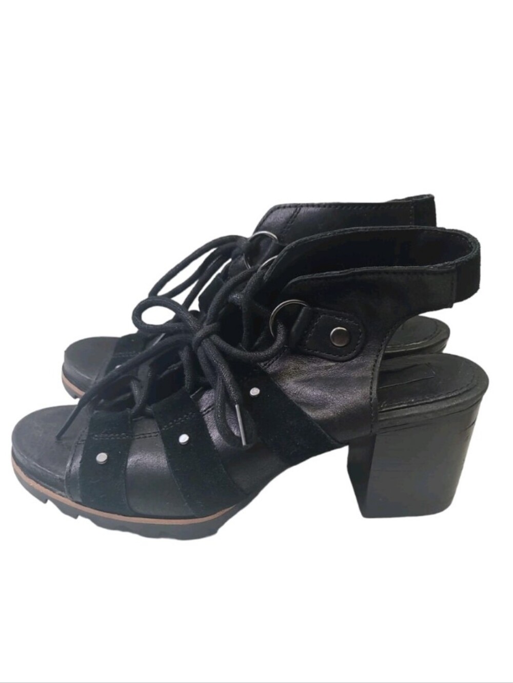 Sorel Addington Black Sandal Shoe Block Heel Lace Up Front Women's 10